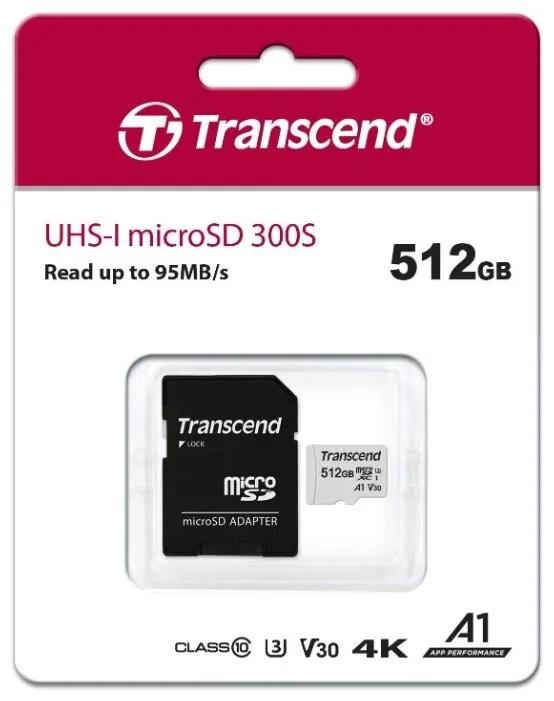 Карта памяти MicroSD 512GB Class 10 U3 A1 Transcend TS512GUSD300S-A
