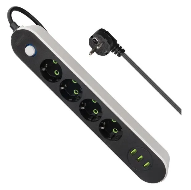 Удлинитель Defender без заземления R210 3 м, 4 розетки, 3xUSB, черный