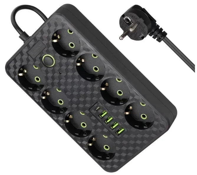 Удлинитель Defender без заземления R215 3 м, 8 розеток, 4xUSB, черный