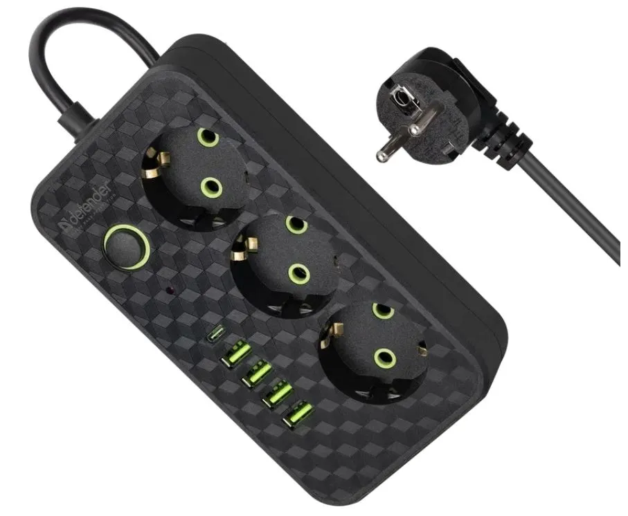 Удлинитель Defender без заземления R220 3 м, 3 розетки, 4xUSB, 1xType-C, черный