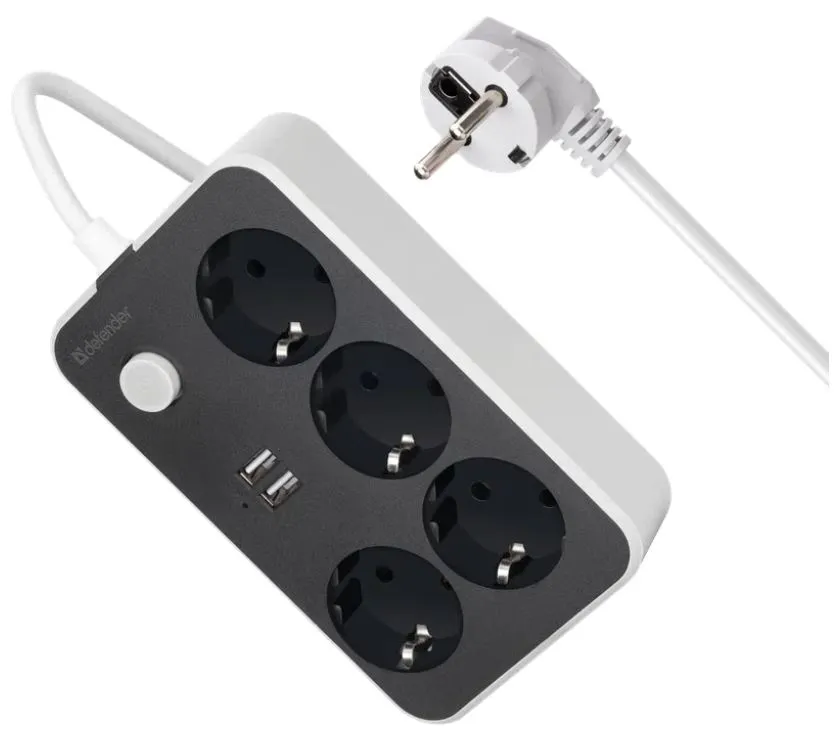 Удлинитель Defender без заземления R230 2 м, 4 розетки, 2xUSB, черный