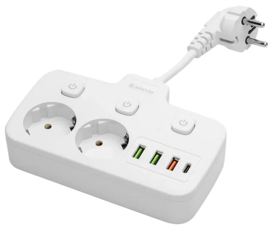 Удлинитель Defender без заземления R240 0.2м, 2 розетки, 3xUSB, 1xType-C, белый