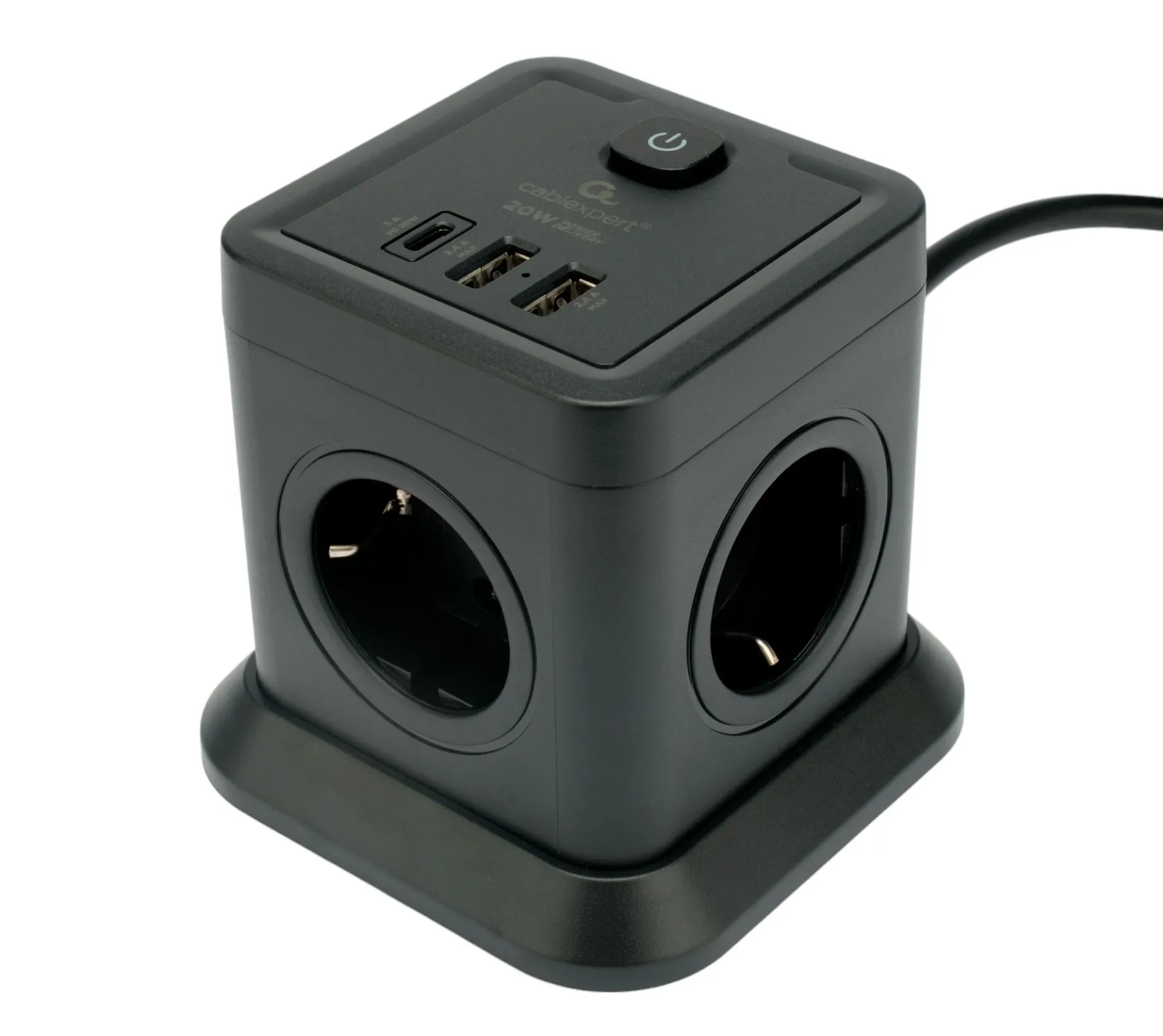 Сетевой фильтр Cablexpert Tower TWR-4-CU2-B-2, 4р, 10А, 1xType-C PD, 20Вт, 2хUSB, 2м, защ.2+, черный