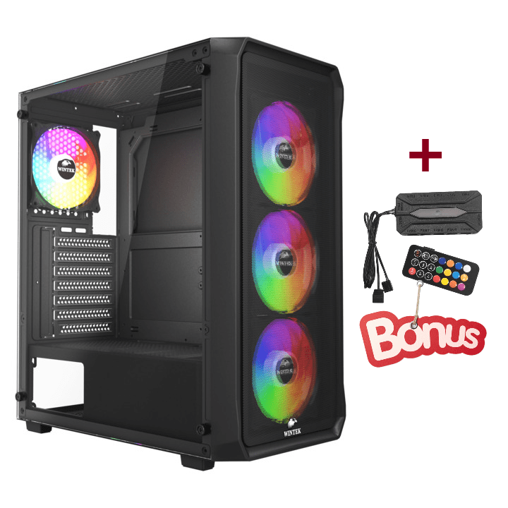 Корпус Wintek Tornado Pro PS195-B-M TG, ATX, USB 1*3.0/2*2.0, HD+Mic, 0,5mm, 4*12cm ARGB, Black