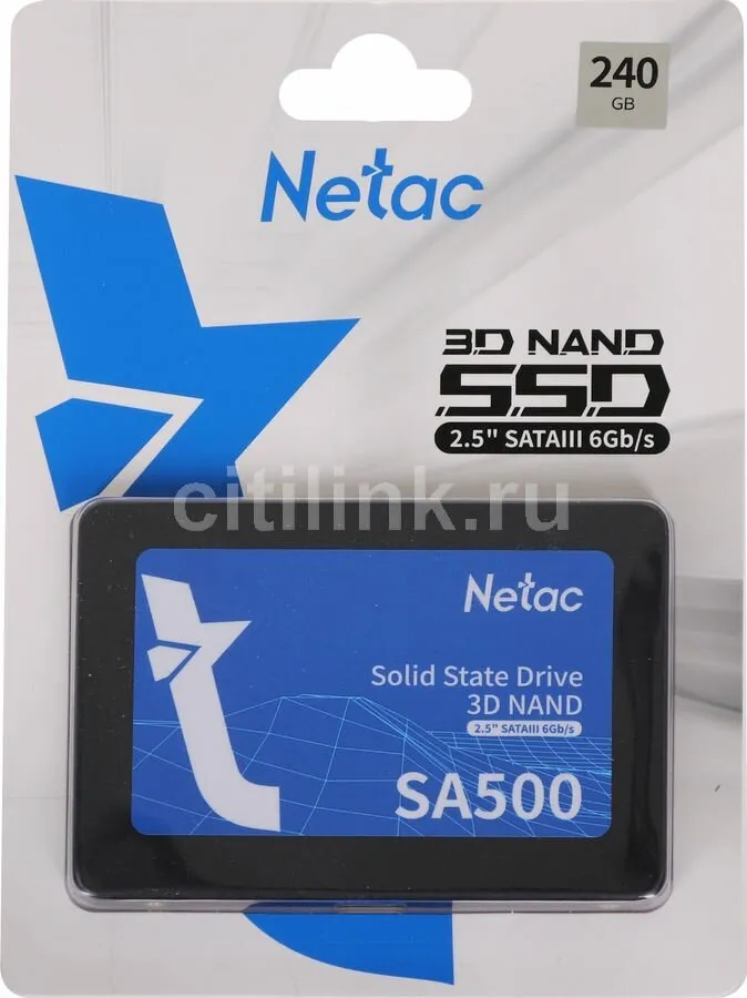 Твердотельный накопитель SSD 240Gb, SATA 6 Gb/s, Netac SA500, 2.5", 3D TLC, 520R/450W
