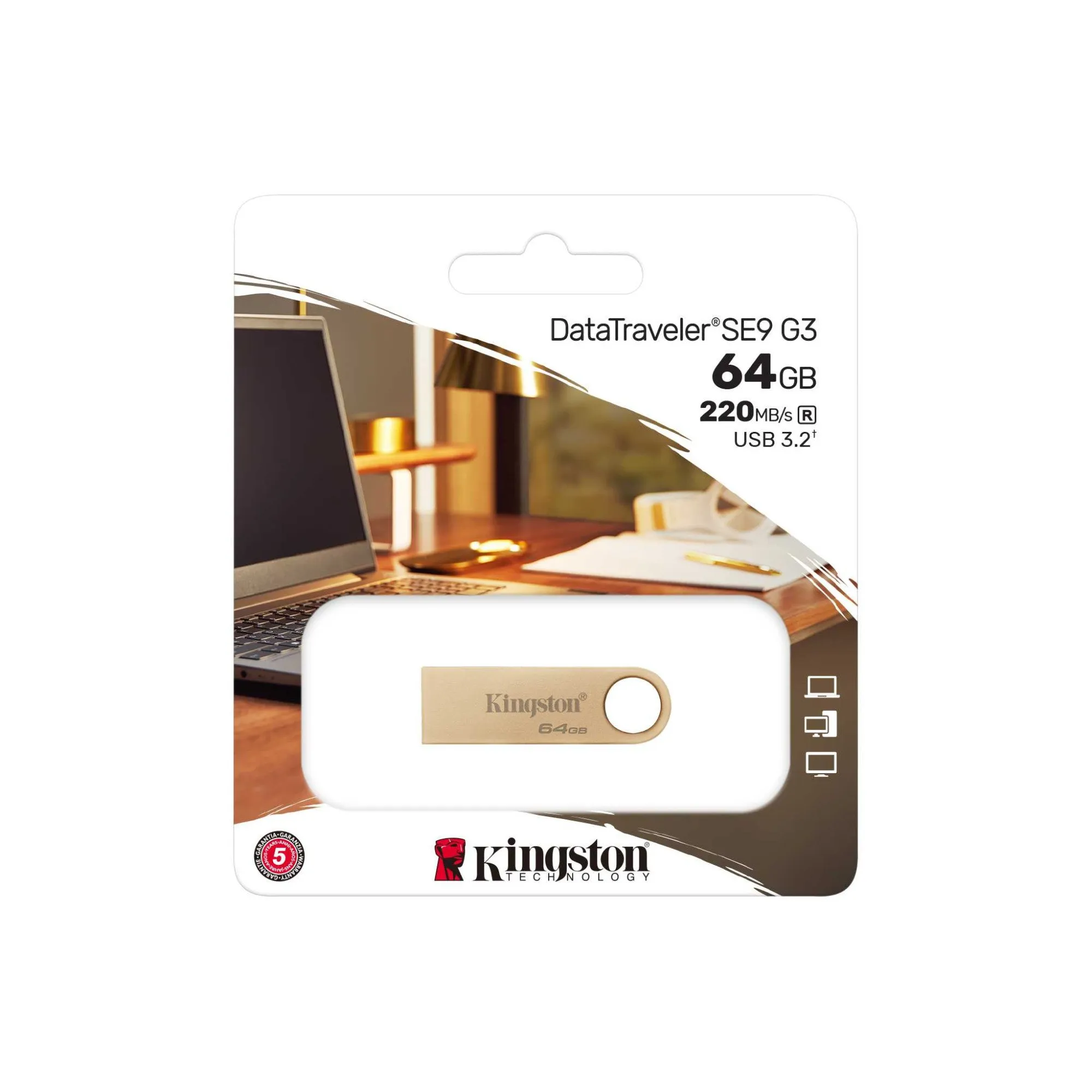 Флэш-накопитель Kingston 64Gb USB3.2 Gen1 Data Traveler SE9 (Gold Metal Case)