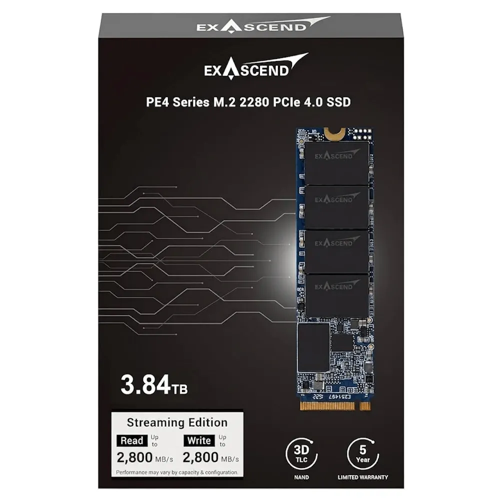 Твердотельный накопитель SSD 3840Gb, M.2 2280, Exascend PE4, 3D TLC, PCIe4.0, TBW 4000, R2800/W2800