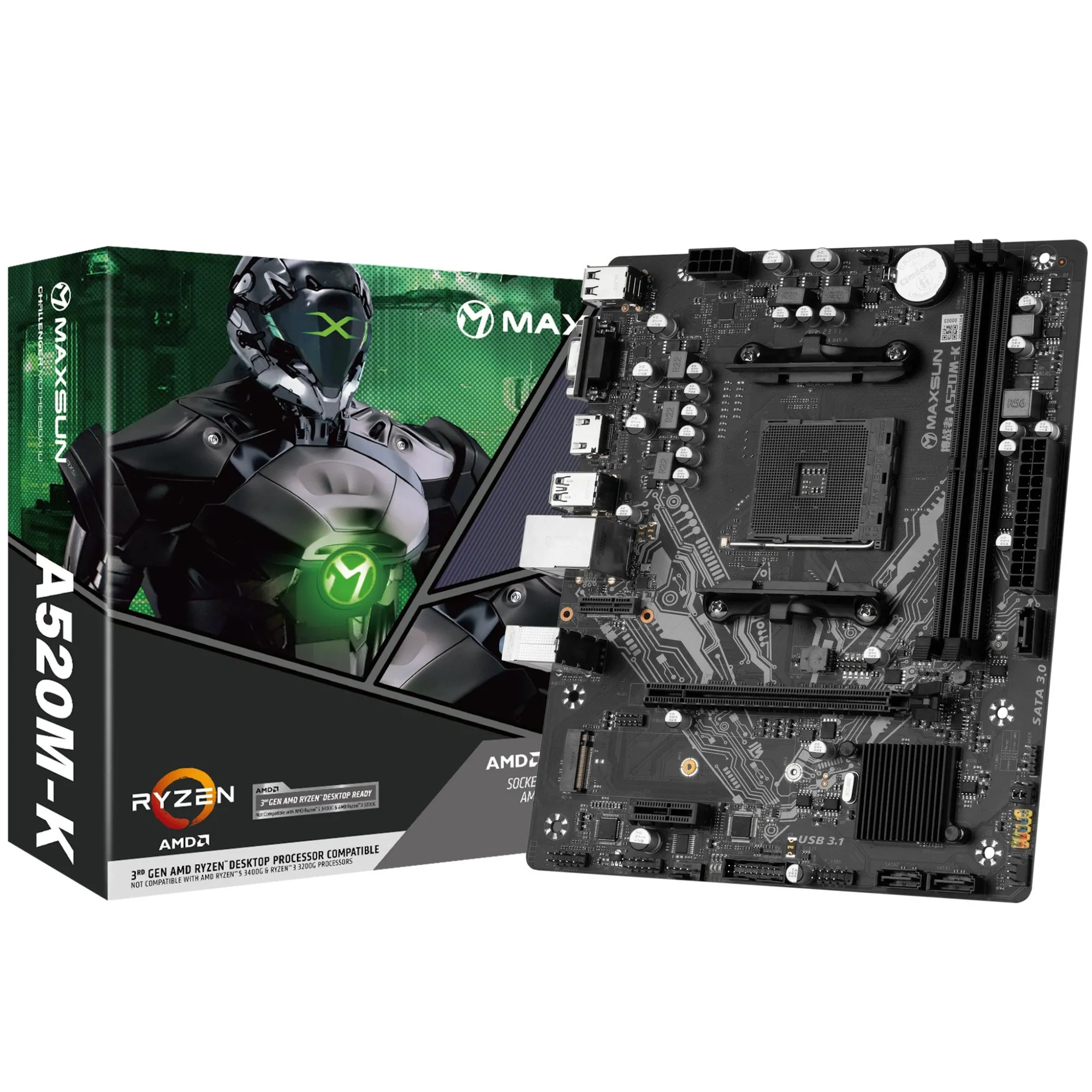 Материнская плата MaxSun Challenger A520M-K, AM4, 2xDDR4, HDMI+VGA, PCIe3.0, 4xSATA, 1xM.2, mATX