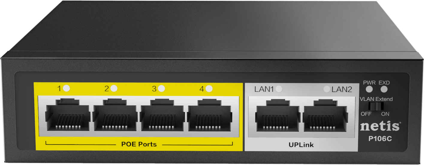 Коммутатор Netis P106C, 4x100 LAN PoE(max 30W/port), 2x100 Uplink, max 60W PoE