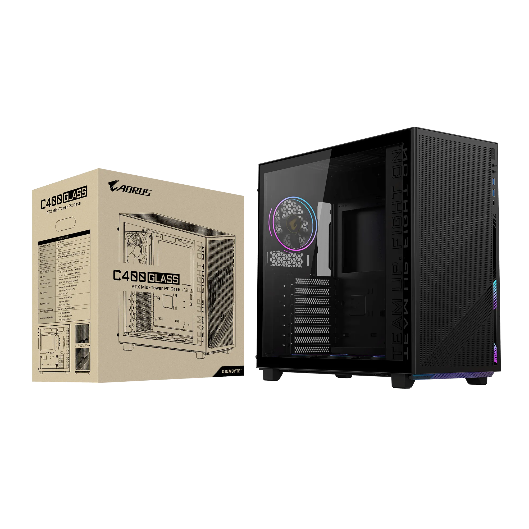 Компьютерный корпус GigaByte AORUS C400 GLASS, Без БП, 2xUSB3.0/Type-C, 4xARGB, Glass, Black, ATX — фото 6