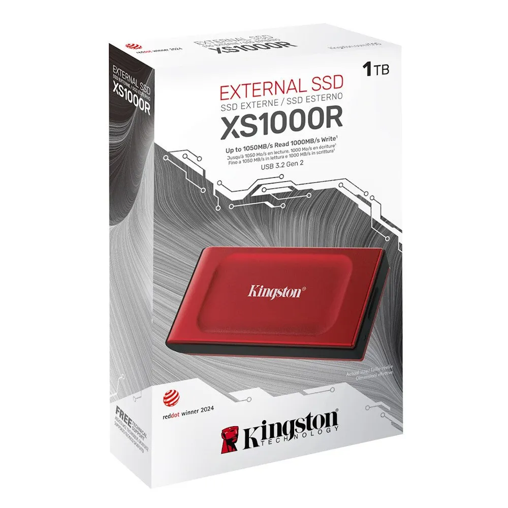 Внешний SSD диск 1Tb, Kingston SXS1000R/1000G, USB-A 3.2 Gen2, Red, 1050R/1000W