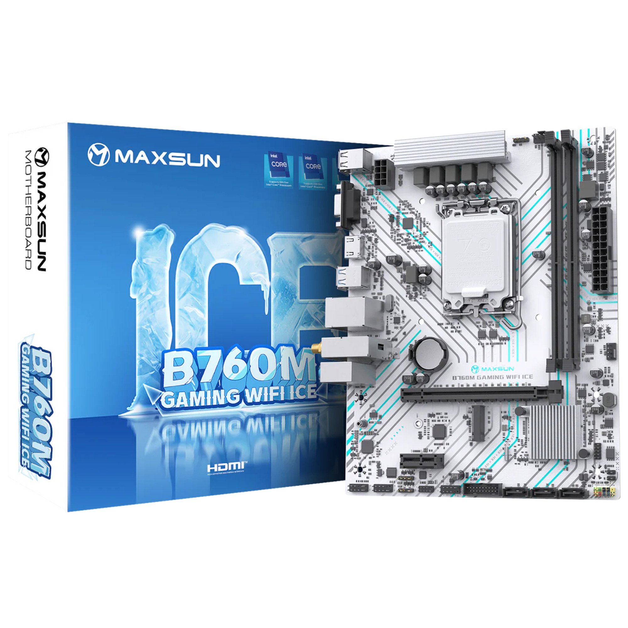 Материнская плата MaxSun B760M GAMING WIFI ICE, LGA1700, 2xDDR4, PCIe4.0, HDMI+DP, 1xNVMe, mATX