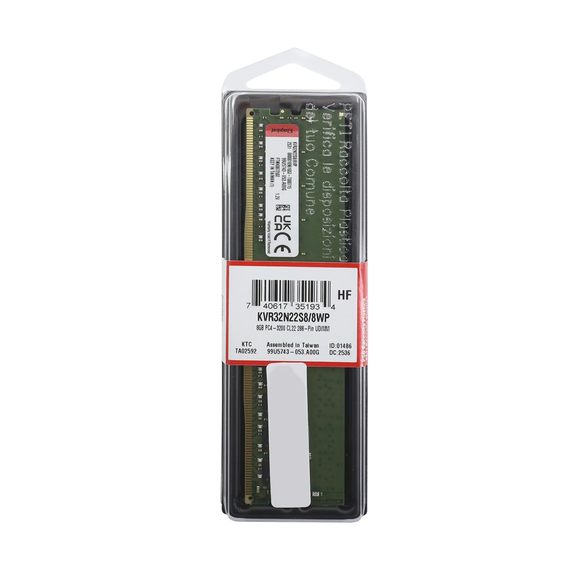 Модуль памяти Kingston KVR32N22S8/8WP, DDR4 DIMM 8Gb 3200MHz CL22