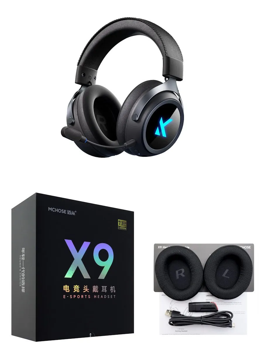 Наушники с микрофоном MCHOSE X9, 7.1 Surround, 53mm Drivers, 2.4/BT/USB, 2000mAh, Black — фото 4