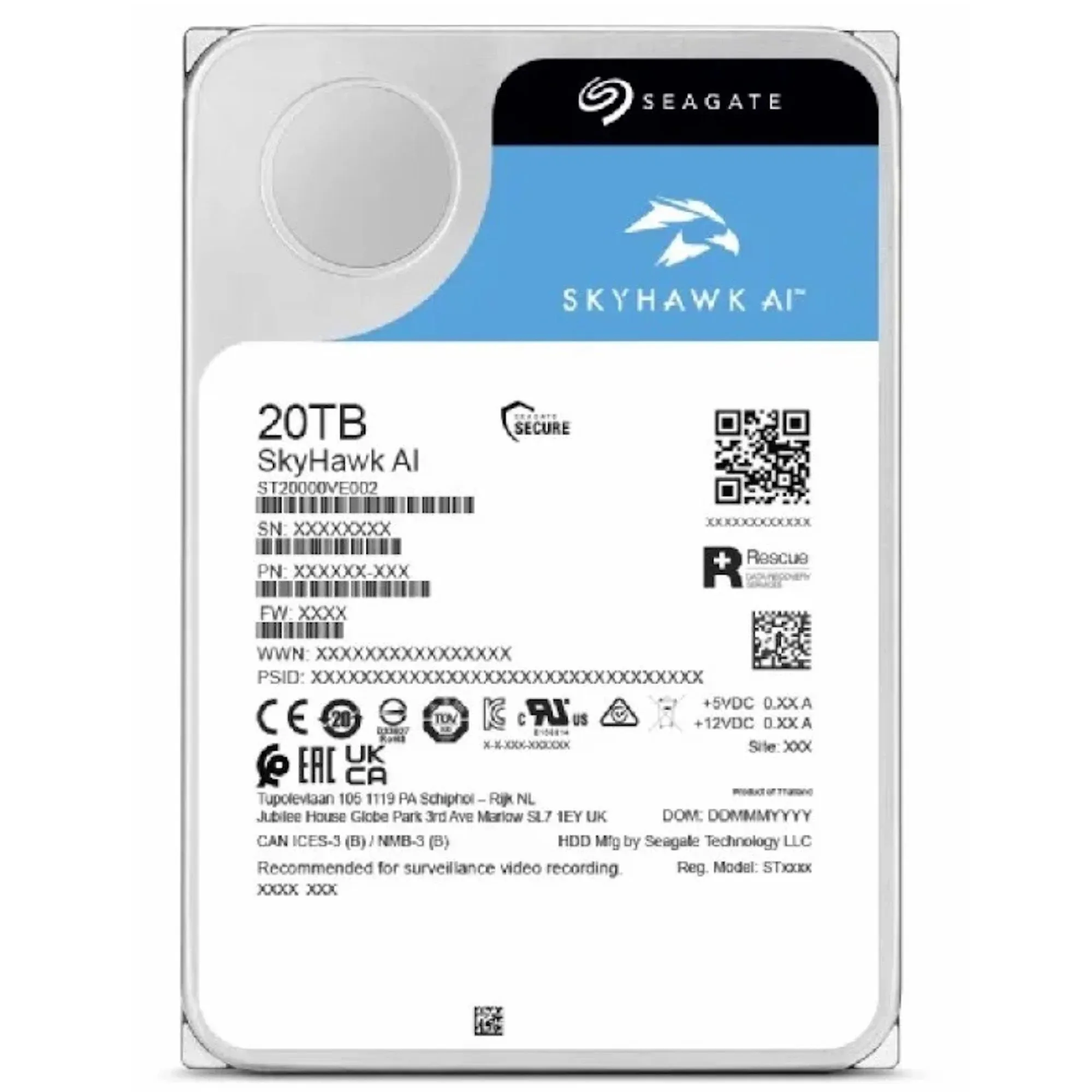 Жесткий диск HDD 20Tb SATA 6GB/S Seagate SkyHawk AI ST20000VE003, 3.5' 512Mb, CMR, 32x AI Channels