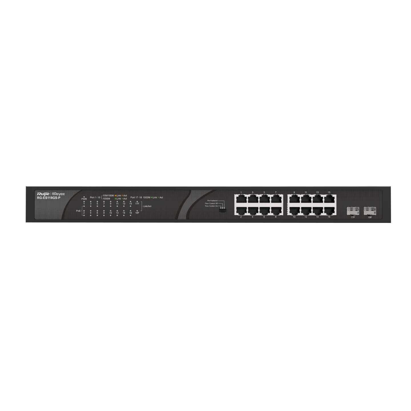 Коммутатор неуправляемый Reyee RG-ES118GS-P, 16Gb x PoE, 2 SFP Uplink, PoE 247W — фото 4