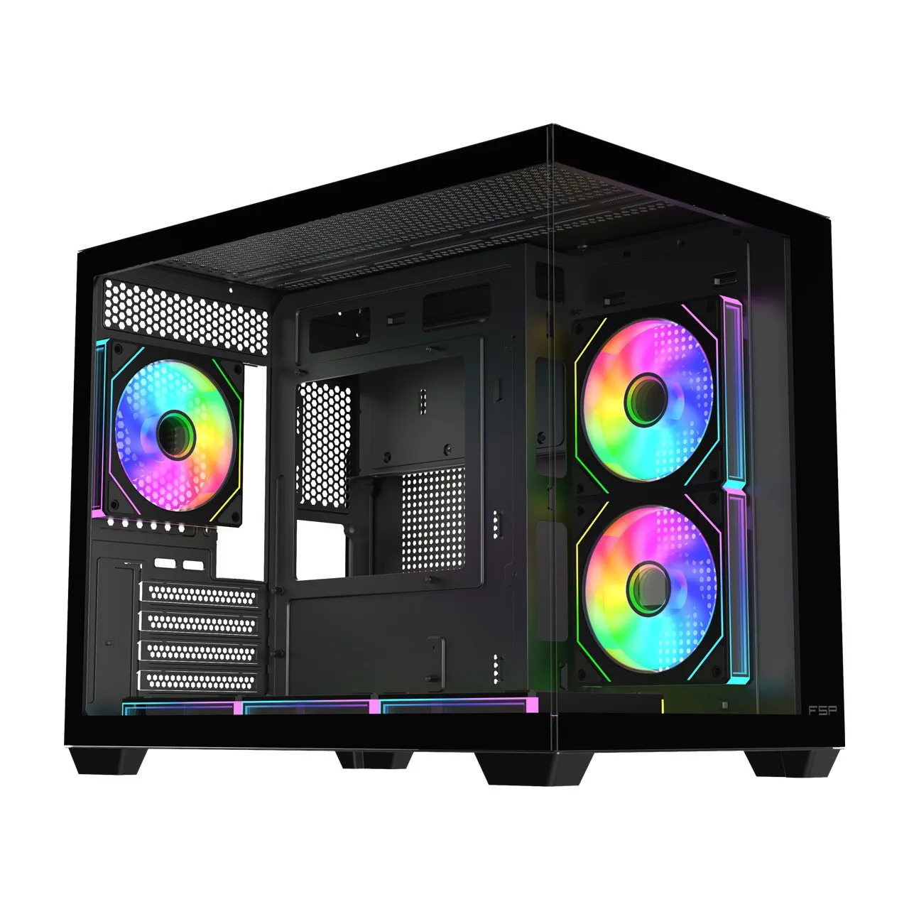 Компьютерный корпус FSP S342-BA, Без БП, 2xUSB3.0+Type-C, 6xARGB 120mm, 2xGlass, Black, mATX
