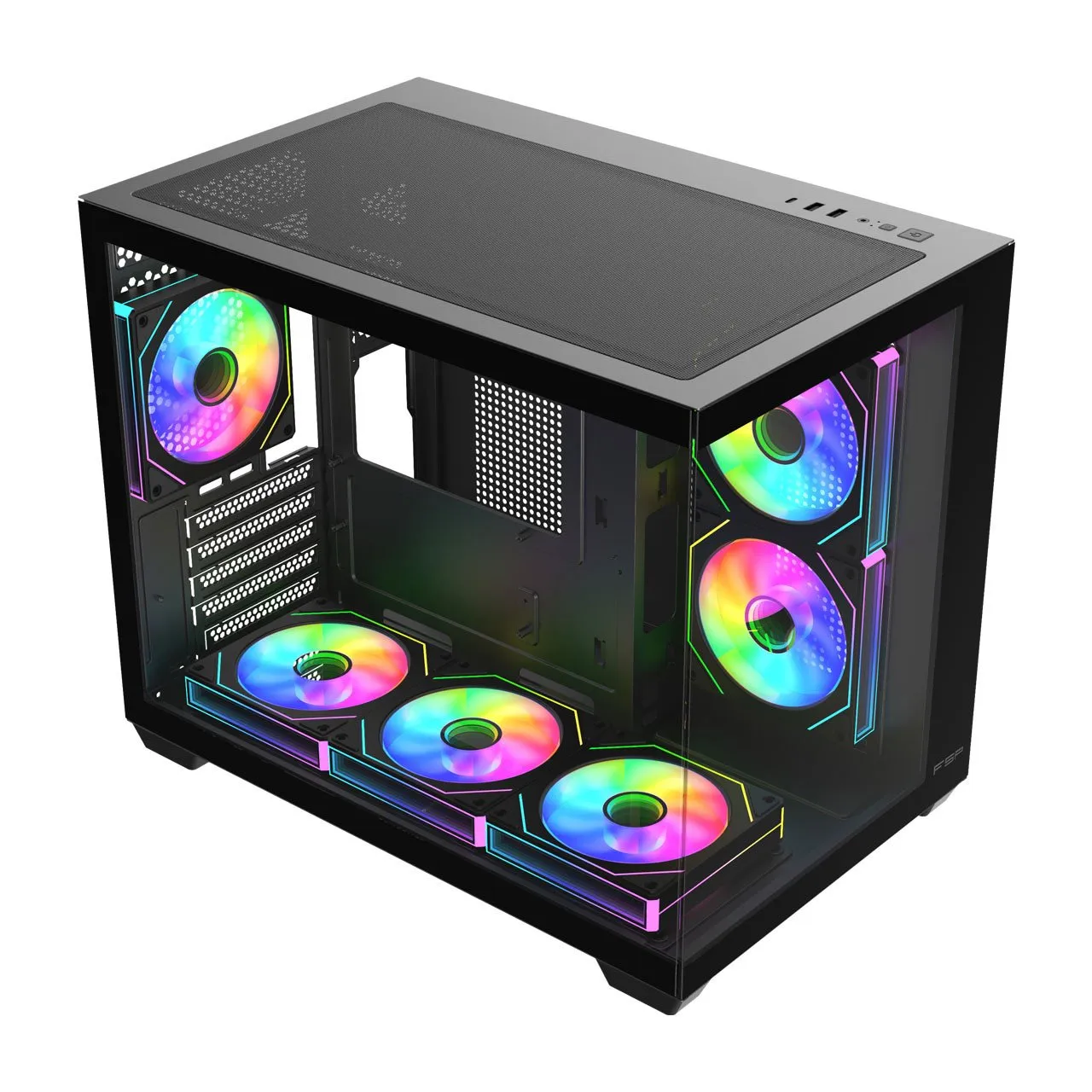 Компьютерный корпус FSP S342-BA, Без БП, 2xUSB3.0+Type-C, 6xARGB 120mm, 2xGlass, Black, mATX — фото 3