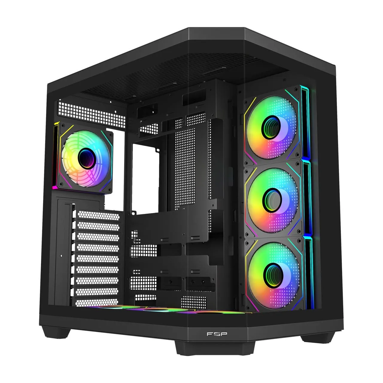 Компьютерный корпус FSP U580-BA, Без БП, 2xUSB3.0/Type-C, 7xARGB 120, Curved Glass, Black, ATX(BTF)