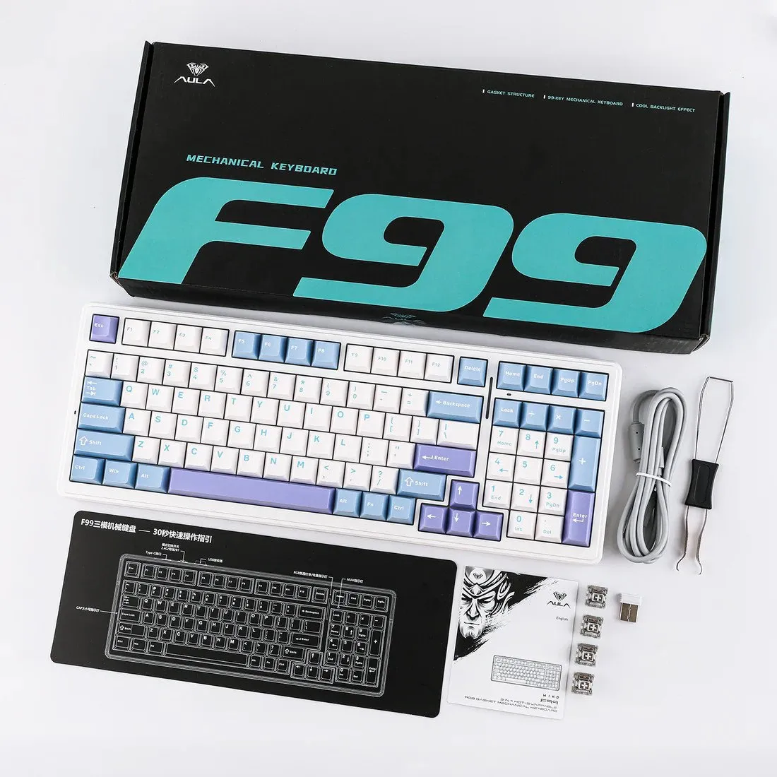 Клавиатура AULA F99, mechanical, Gray Wood V3 switch, EN/RU/KZ, 2.4/BT/cable, White-blue-purple — фото 8
