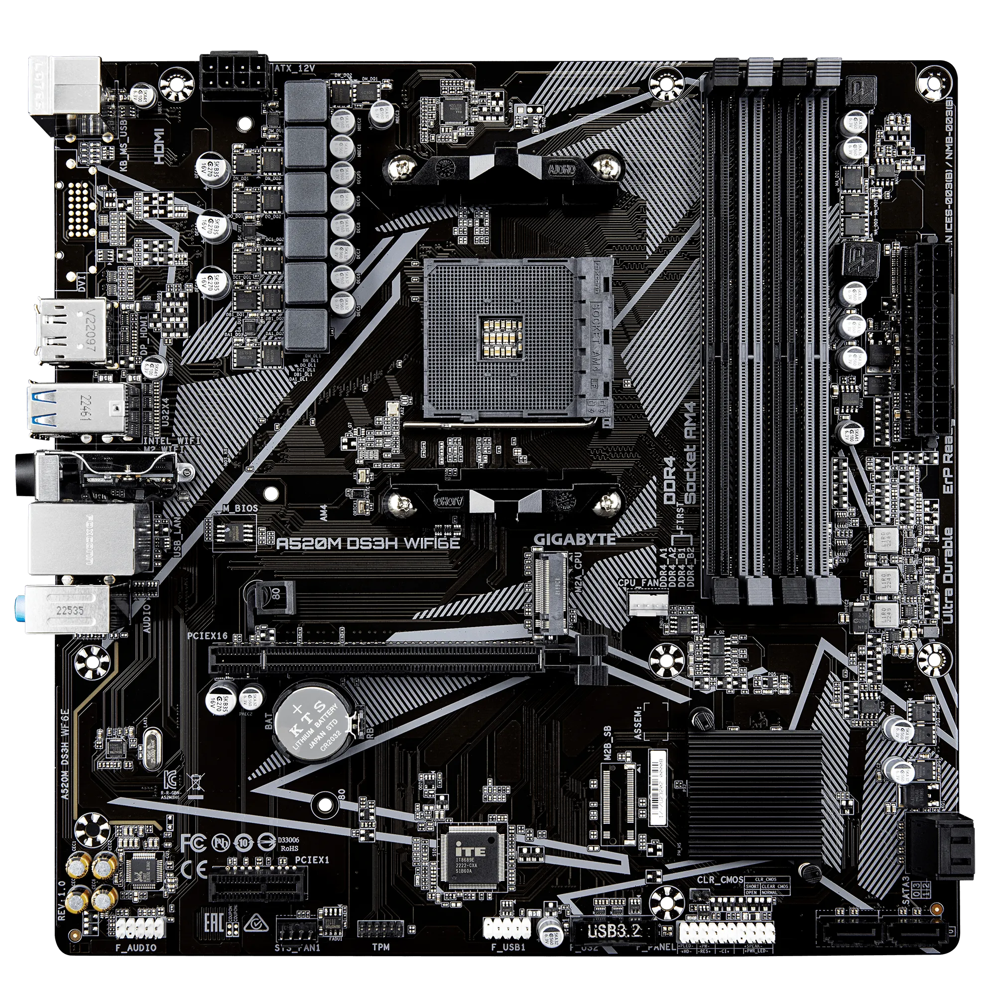 Материнская плата GIGABYTE A520M DS3H WF6E, AM4, 4xDDR4, PCIe3.0, DP+HDMI, BT, 4xSATA, M.2, mATX — фото 3