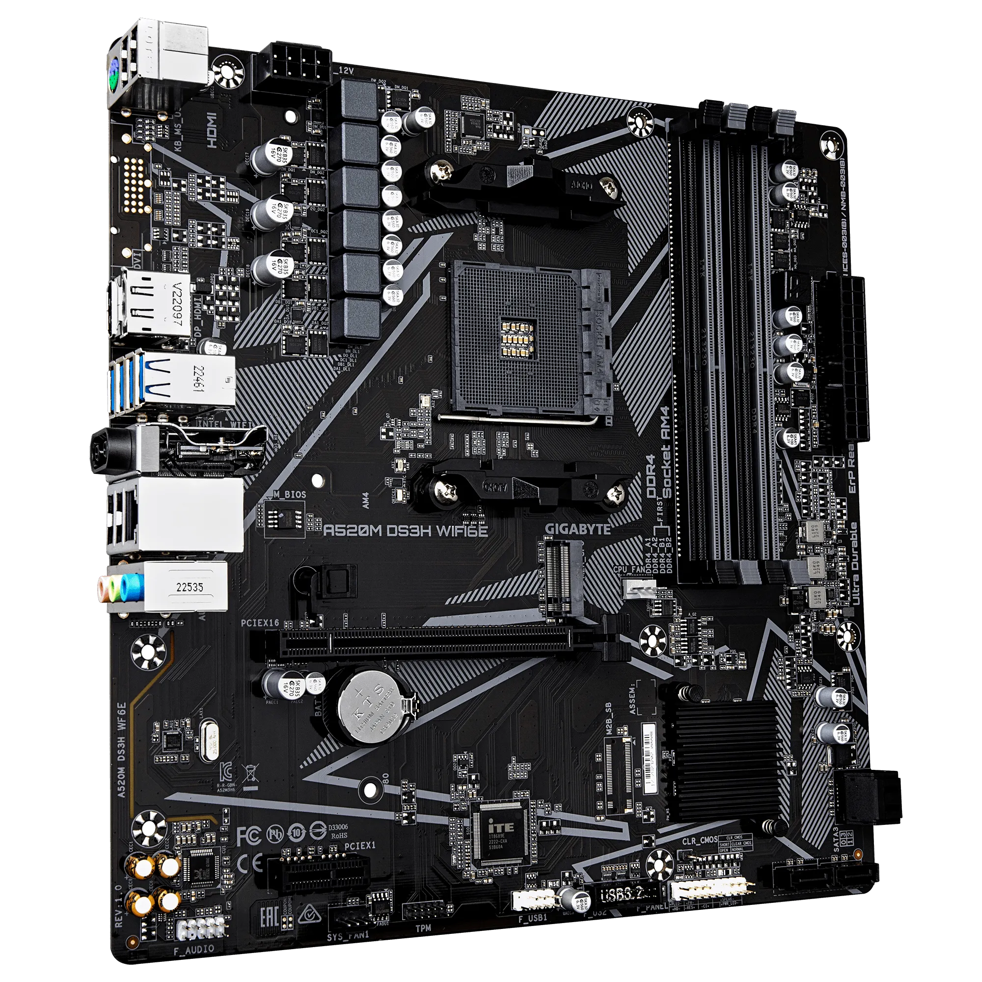Материнская плата GIGABYTE A520M DS3H WF6E, AM4, 4xDDR4, PCIe3.0, DP+HDMI, BT, 4xSATA, M.2, mATX — фото 2