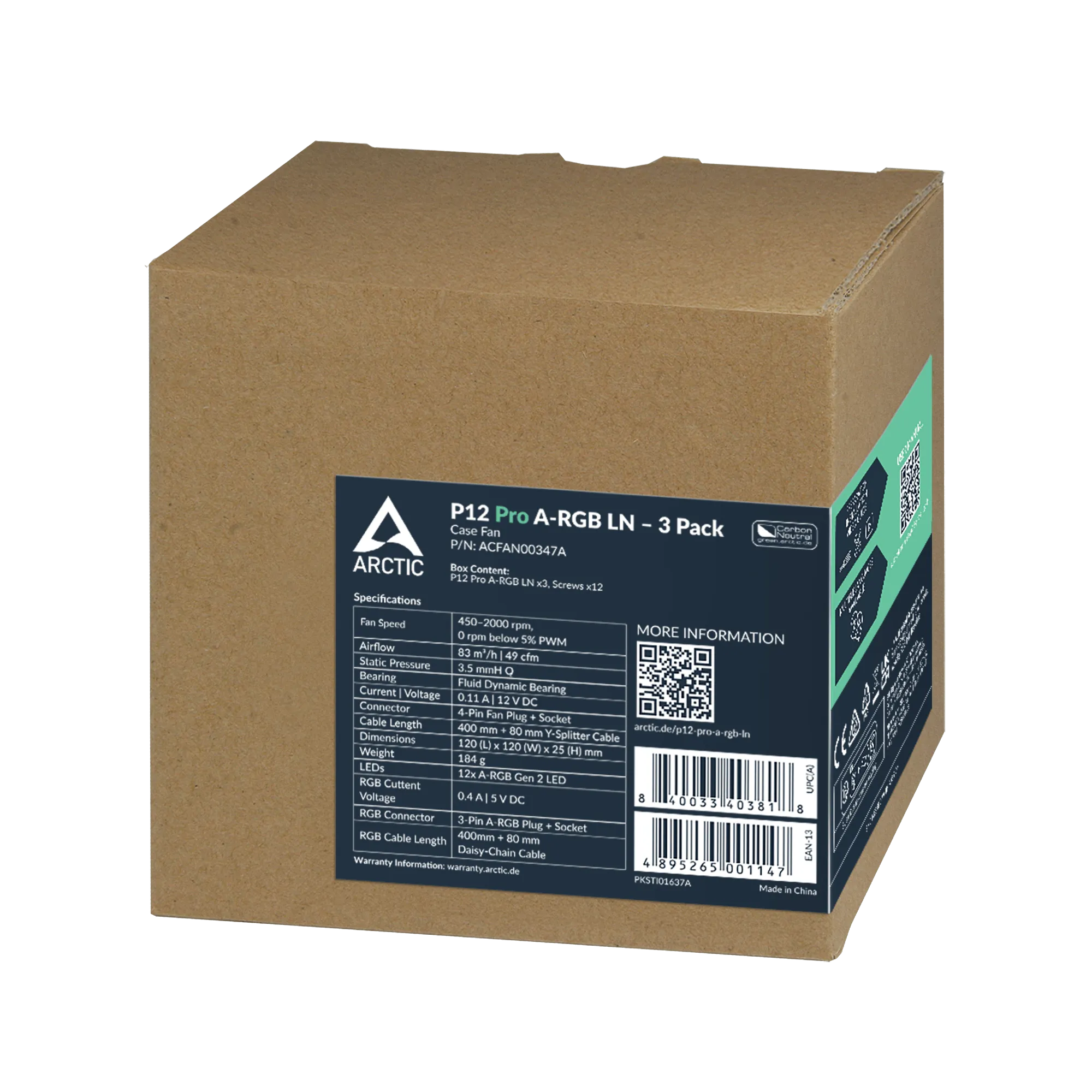 Кулер для корпуса ARCTIC P12 Pro LN ARGB 3 Pack (Black), ACFAN00347A, 12cm, PWM 450-2000rpm, 4Pin — фото 10