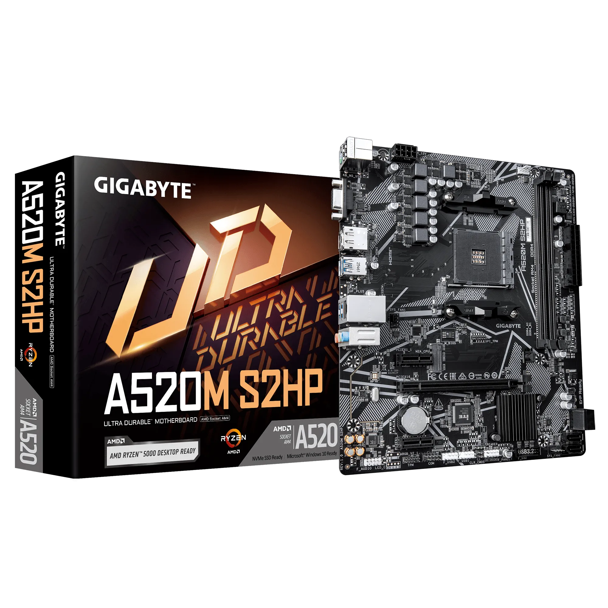 Материнская плата GIGABYTE A520M S2HP, AM4, 2xDDR4, PCIe3.0, VGA+DVI+HDMI, 4xSATA, M.2, GLAN, mATX
