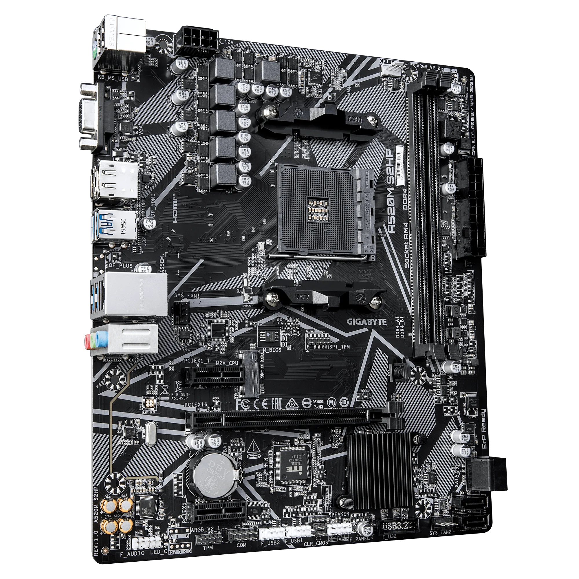 Материнская плата GIGABYTE A520M S2HP, AM4, 2xDDR4, PCIe3.0, VGA+DVI+HDMI, 4xSATA, M.2, GLAN, mATX — фото 3