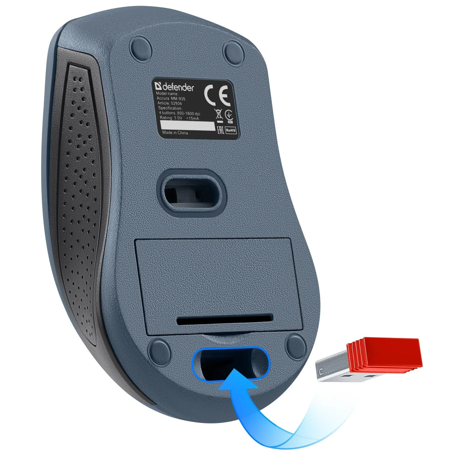 Мышь Defender Accura MM-935 (52936), 3key+колесо, Optical 800-1600dpi, 2AAA, Wireless/USB, серый — фото 4