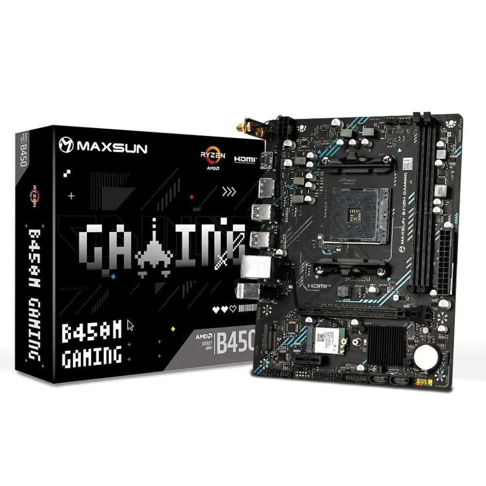 Материнская плата MaxSun MS-B450M GAMING WIFI, AM4, 2xDDR4, HDMI+DP, 2xSATA, 1xM.2, BT4.2, mATX