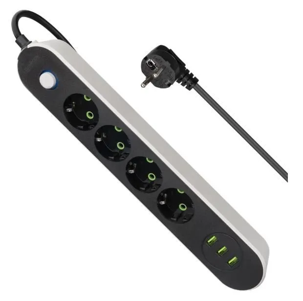 Удлинитель Defender без заземления R210 3 м, 4 розетки, 3xUSB, черный