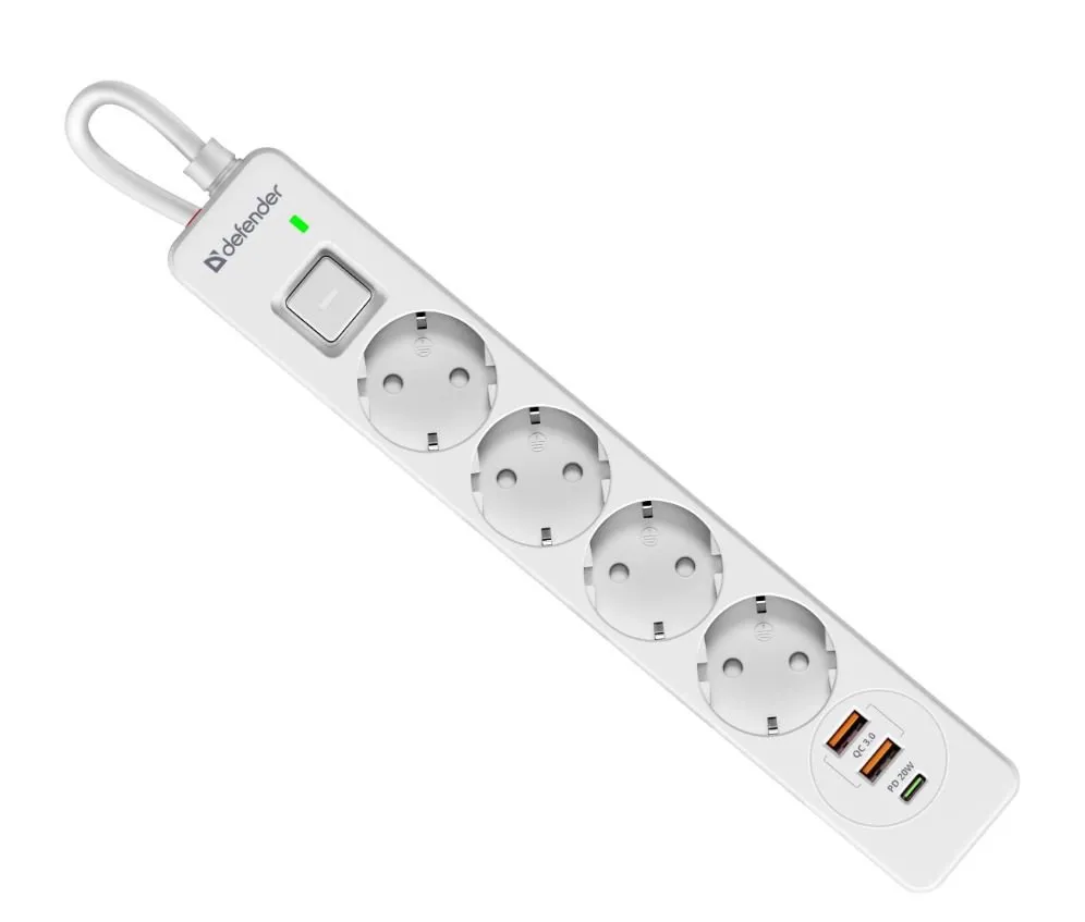 Сетевой фильтр Defender DFS 141 - 1,5 М, 4 розеток, 2xUSB, 1xType-C, белый