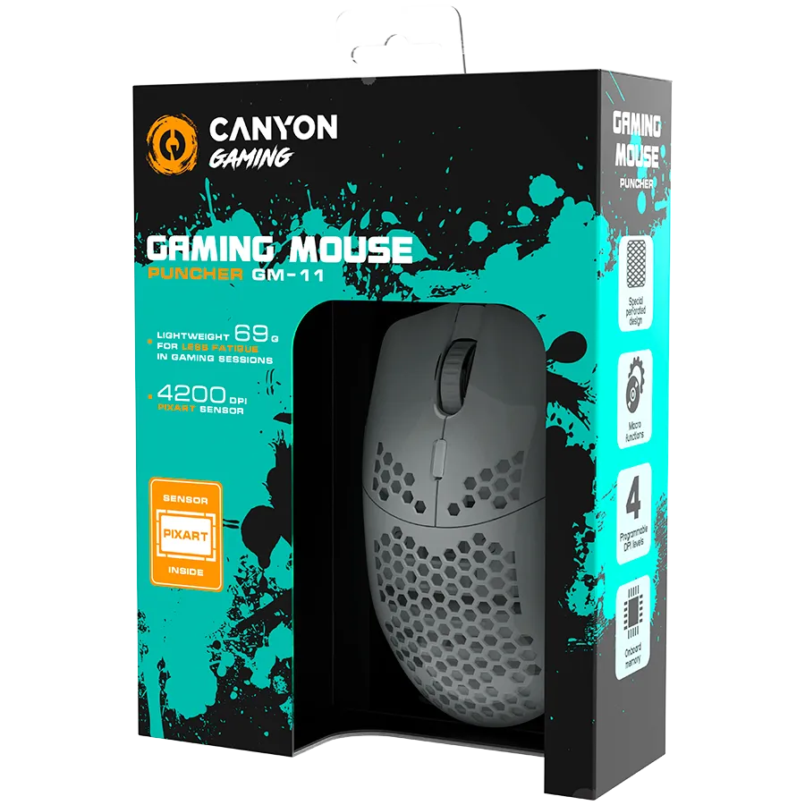 CANYON Puncher GM-11, Gaming Mouse with 7 programmable buttons, Pixart 3519 optical sensor, 4 levels of DPI and up to 4200, 5 million times key life, 1.65m Ultraweave cable, UPE feet and colorful RGB lights, White, size:128.5x67x37.5mm, 105g — фото 4