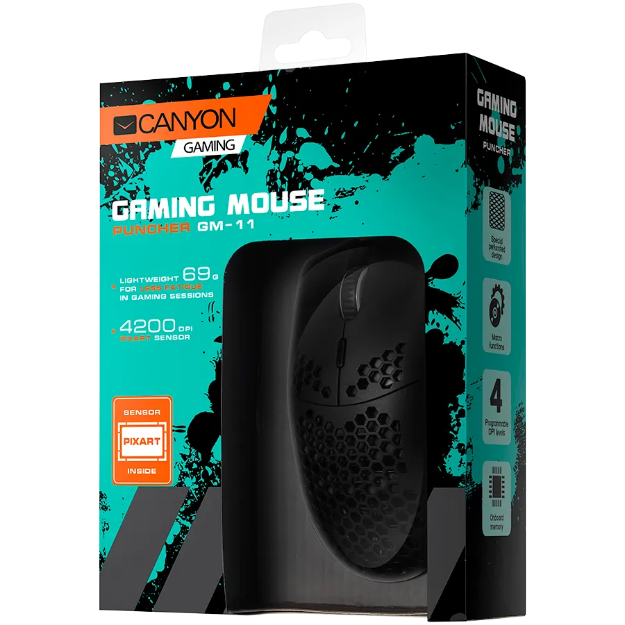 CANYON Puncher GM-11, Gaming Mouse with 7 programmable buttons, Pixart 3519 optical sensor, 4 levels of DPI and up to 4200, 5 million times key life, 1.65m Ultraweave cable, UPE feet and colorful RGB lights, Black, size:128.5x67x37.5mm, 105g — фото 4