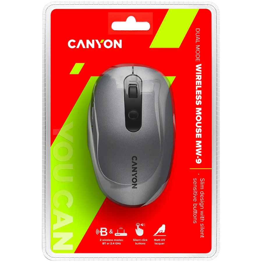 CANYON MW-9, 2 in 1 Wireless optical mouse with 6 buttons, DPI 800/1000/1200/1500, 2 mode(BT/ 2.4GHz), Battery AA*1pcs, Grey, 65.4*112.25*32.3mm, 0.092kg — фото 5
