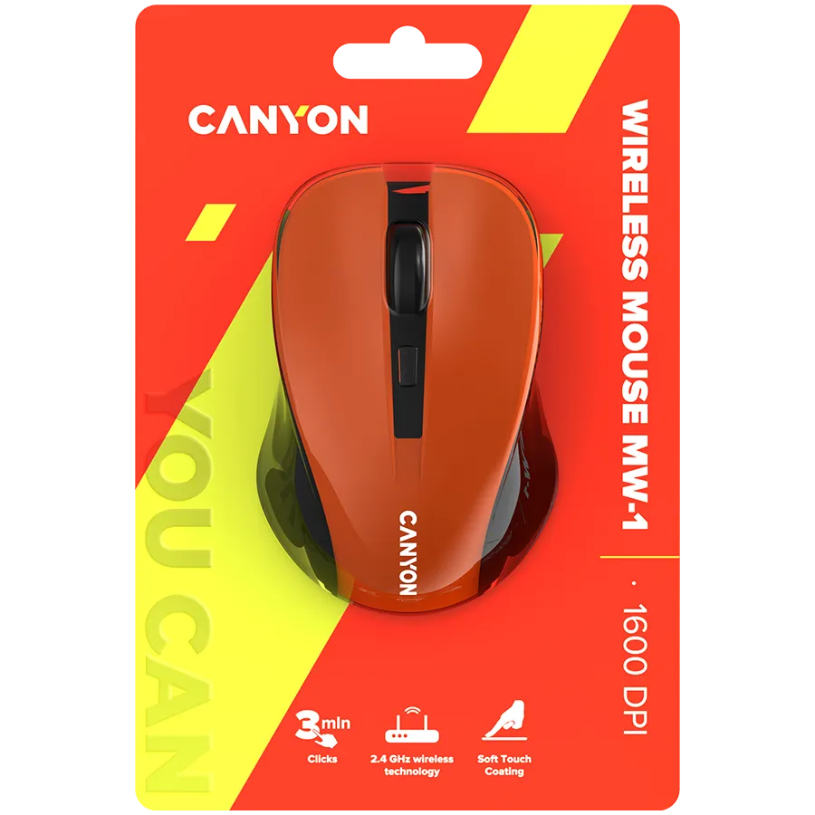 CNE-CMSW1O CANYON мышь, цвет - оранжевый, беспроводная 2.4 Гц, DPI 800/1000/1200 DPI, 3 кнопки и колесо прокрутки, прорезиненное покрытие — фото 6