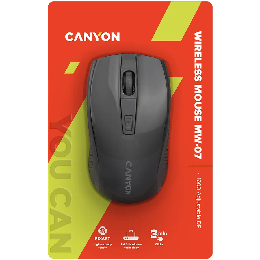 CANYON MW-7, 2.4Ghz wireless mouse, 6 buttons, DPI 800/1200/1600, with 1 AA battery ,size 110*60*37mm,58g,black — фото 6