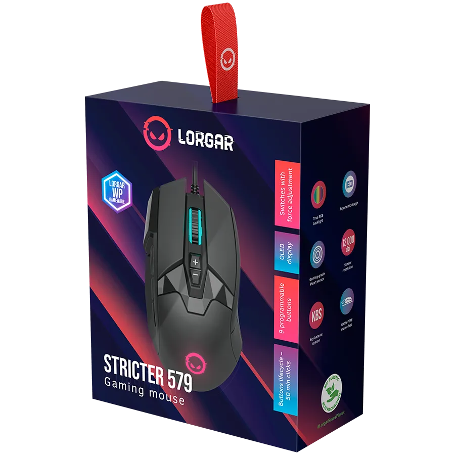 LORGAR Stricter 579, gaming mouse, 9 programmable buttons, Pixart PMW3336 sensor, DPI up to 12 000, 50 million clicks buttons lifespan, 2 switches, built-in display, 1.8m USB soft silicone cable, Matt UV coating with glossy parts and RGB lights with 4 LED — фото 8