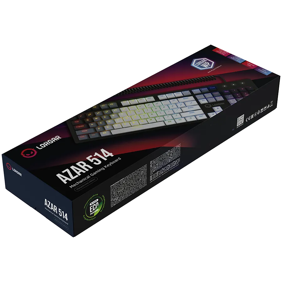 LORGAR Azar 514, Wired mechanical gaming keyboard, RGB backlight, 1680000 colour variations, 18 modes, keys number: 104, 50M clicks, linear dream switches, spring cable up to 3.4m, ABS plastic+metal, magnetic cover, 450*136*39mm, 1.17kg, white, EN+RU layo — фото 6