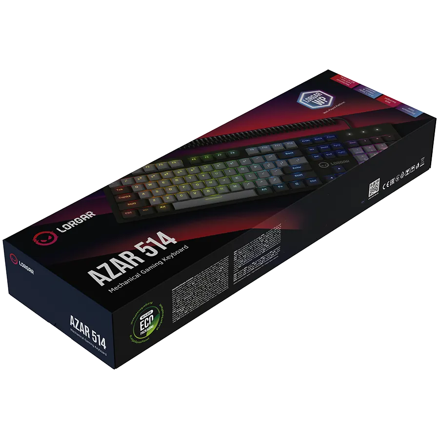LORGAR Azar 514, Wired mechanical gaming keyboard, RGB backlight, 1680000 colour variations, 18 modes, keys number: 104, 50M clicks, linear dream switches, spring cable up to 3.4m, ABS plastic+metal, magnetic cover, 450*136*39mm, 1.17kg, black, EN+RU layo — фото 7