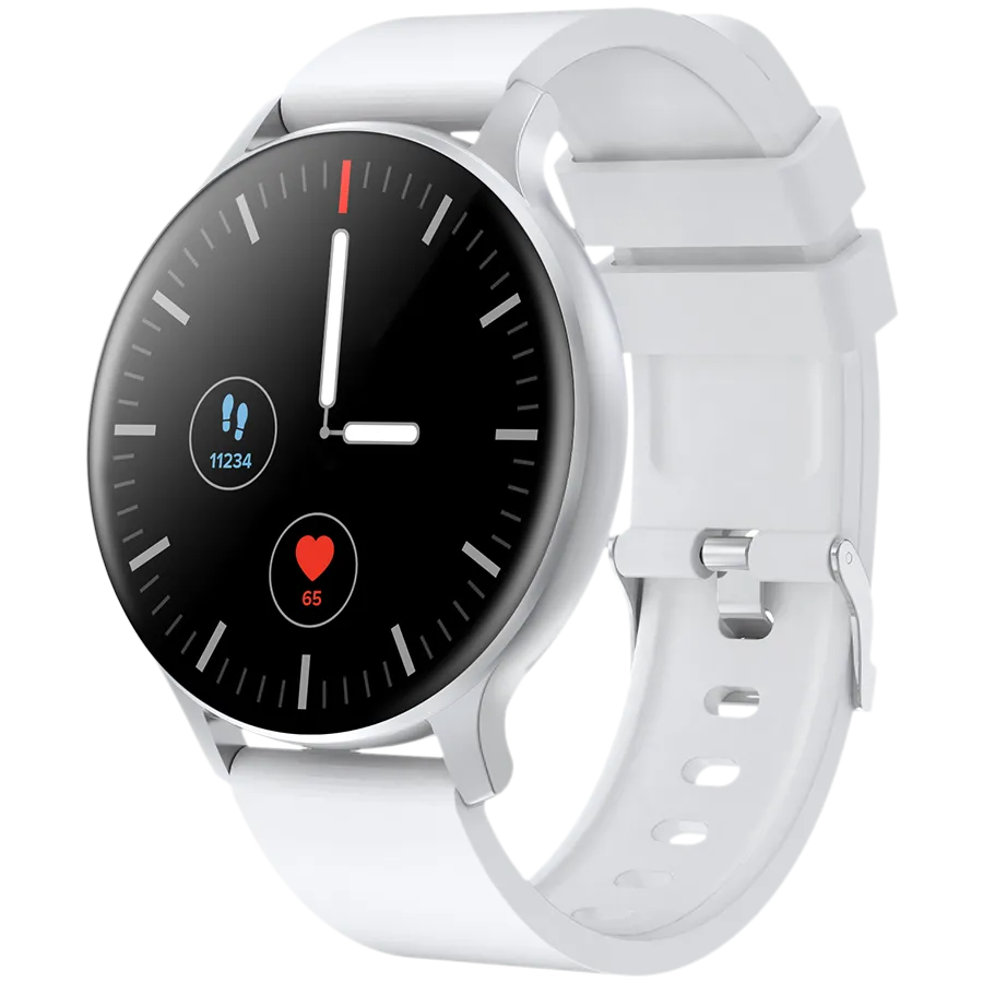 CANYON Badian SW-68, Smartwatch, Realtek 8762CK, 1.28''TFT 240x240px; RAM : 160KB,  Lithium-ion polymer battery, 3.7V 190mAh Include, Silver Zinc alloy middle frame + plastic bottom case+ white Silicone strap + silver strap buckle, 44.9x 10.9mm, strap: 20 — фото 2