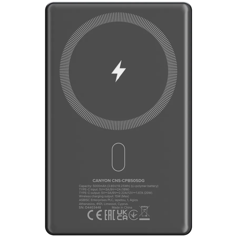 CANYON power bank OnPower 505 slim Magnetic 5000 mAh PD20W Dark Grey — фото 3