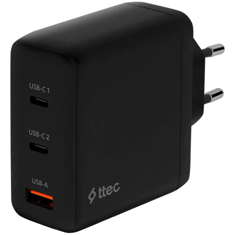ttec SmartCharger Trio GAN 120W PD Travel Charger 2 USB-C+USB-A,Black