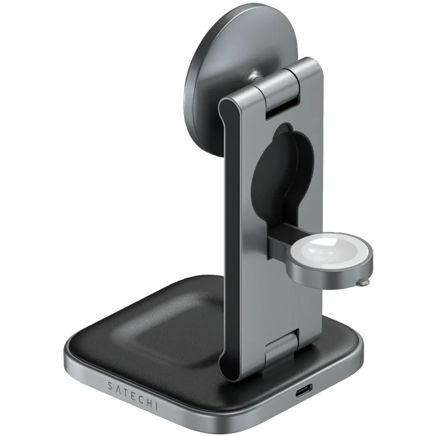SATECHI 3-in-1 Foldable Qi2 Wireless Charging Stand (Space Gray) with Type A,C,G plugs