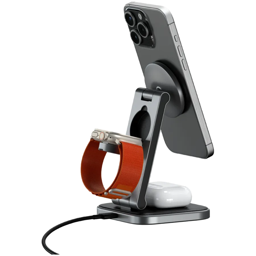 SATECHI 3-in-1 Foldable Qi2 Wireless Charging Stand (Space Gray) with Type A,C,G plugs — фото 5