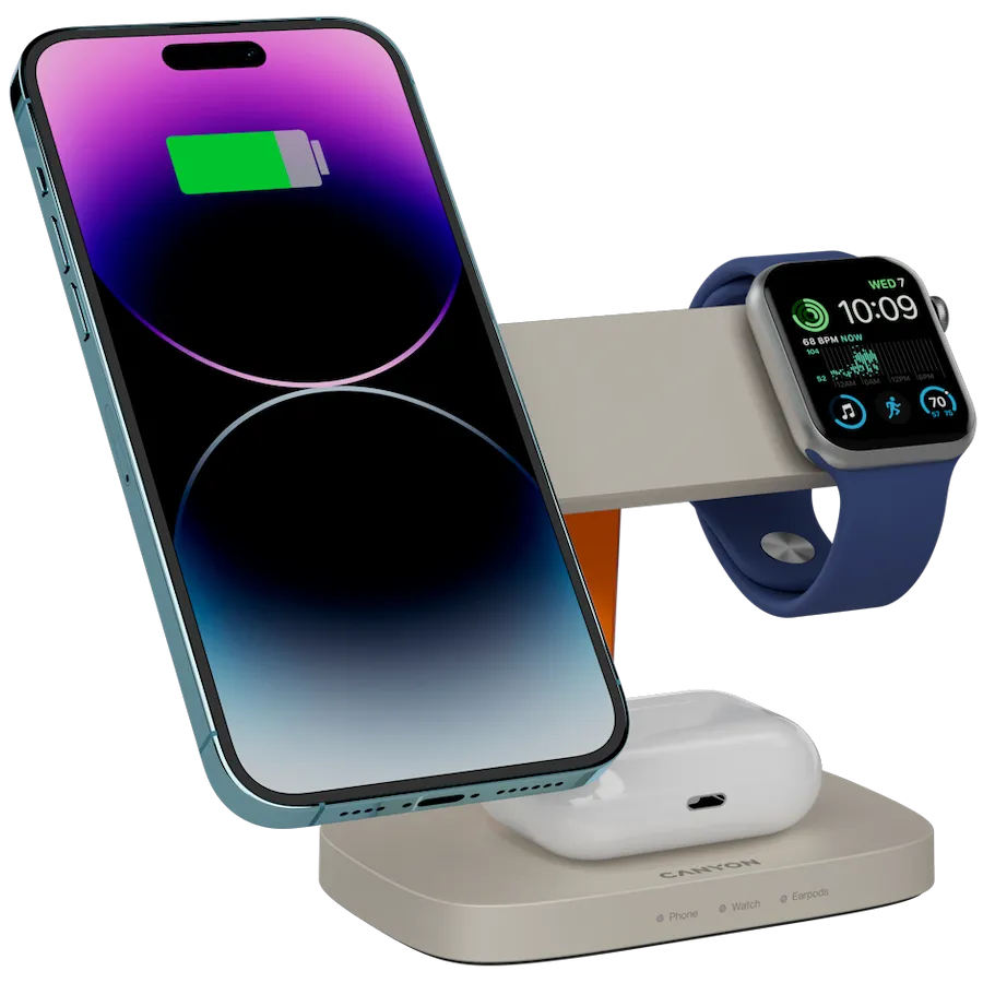 CANYON Wireless Charging Station Hexagon 310 3in1 LightGrey/Orange — фото 7