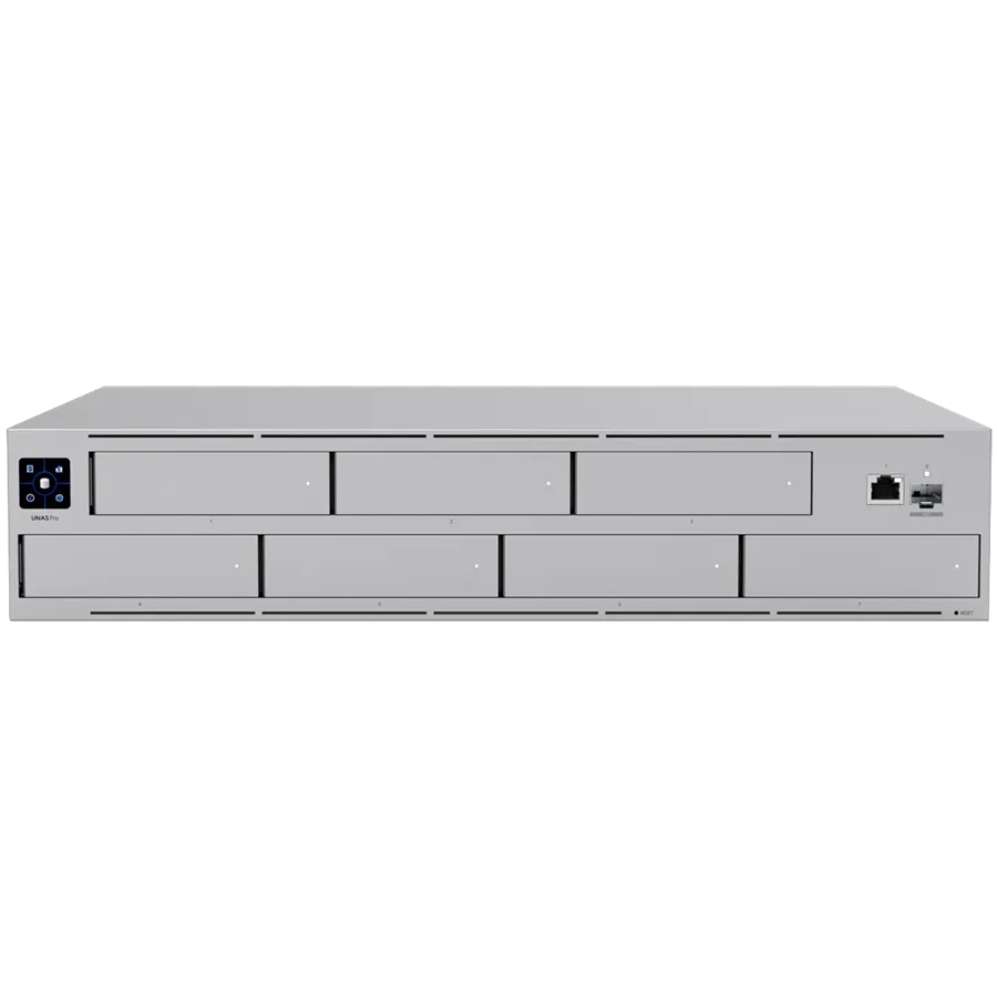 Ubiquiti UNAS-Pro-EU 2U rack-mount NAS with (7) 2.5/3.5" drive bays and 10 Gbps performance designed for large-scale file storage and sharing, (7) 2.5/3.5" HDD / SSD support, 10G SFP+ uplink and (1) GbE RJ45 port
