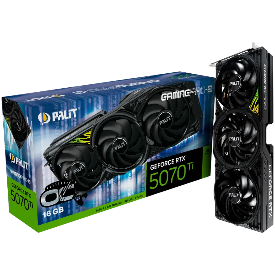 PALIT GeForce RTX 5070 Ti GamingPro-S OC 16GB GDDR7 256 bit, 1x HDMI 2.1b, 3x DP 2.1b, 3 Fan, 1x 16-pin pwr connector, 750W, 331.9 x 127.1 x 49.7 mm, NE7507TS19T2-GB2031U
