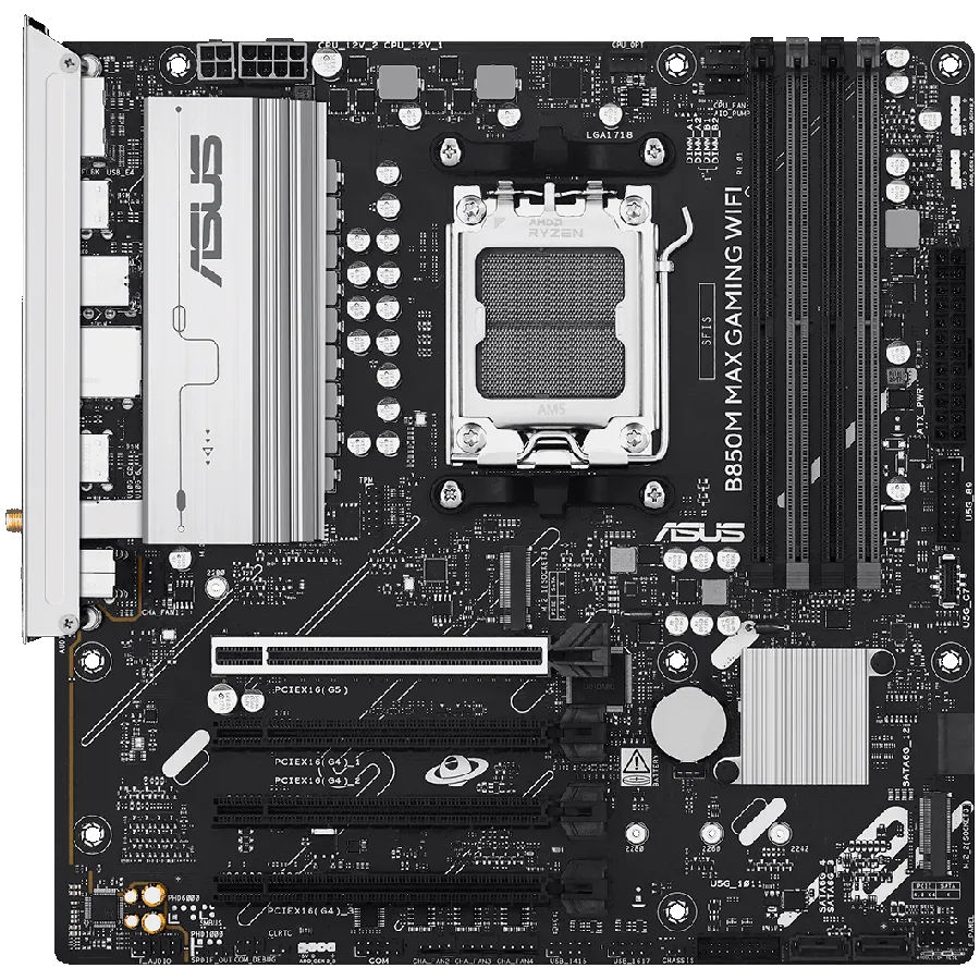 ASUS Main Board Desktop AMD Socket AM5 AMD B850 Chipset 4 x DIMM slots, max. 256GB 1 x DisplayPort 1 x HDMI port 1 x Wi-Fi module 3 x M.2 slots 4 x SATA ATX Form Factor